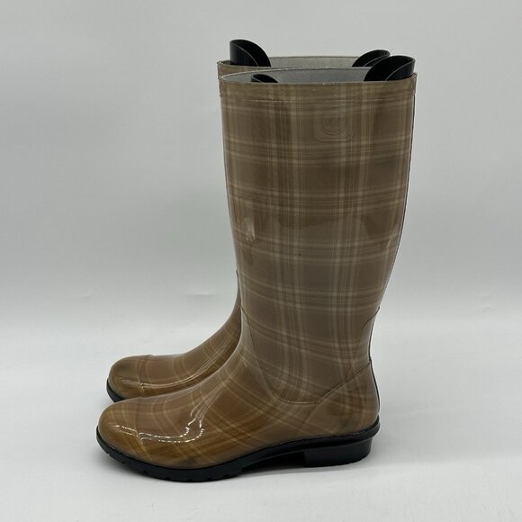 UGG Shaye Tan Clear Plaid Waterproof Rubber Tall Rain Boots - Women's Size 7 - Picture 4 of 11